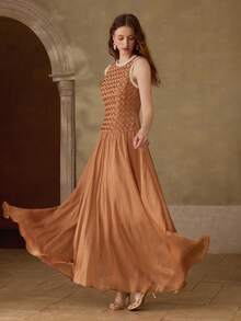 MOTF PREMIUM TEXTURED BODICE SHINY FLARED HEM FITTED ELEGANT WOMEN LONG DRESS - Champagne - View 5