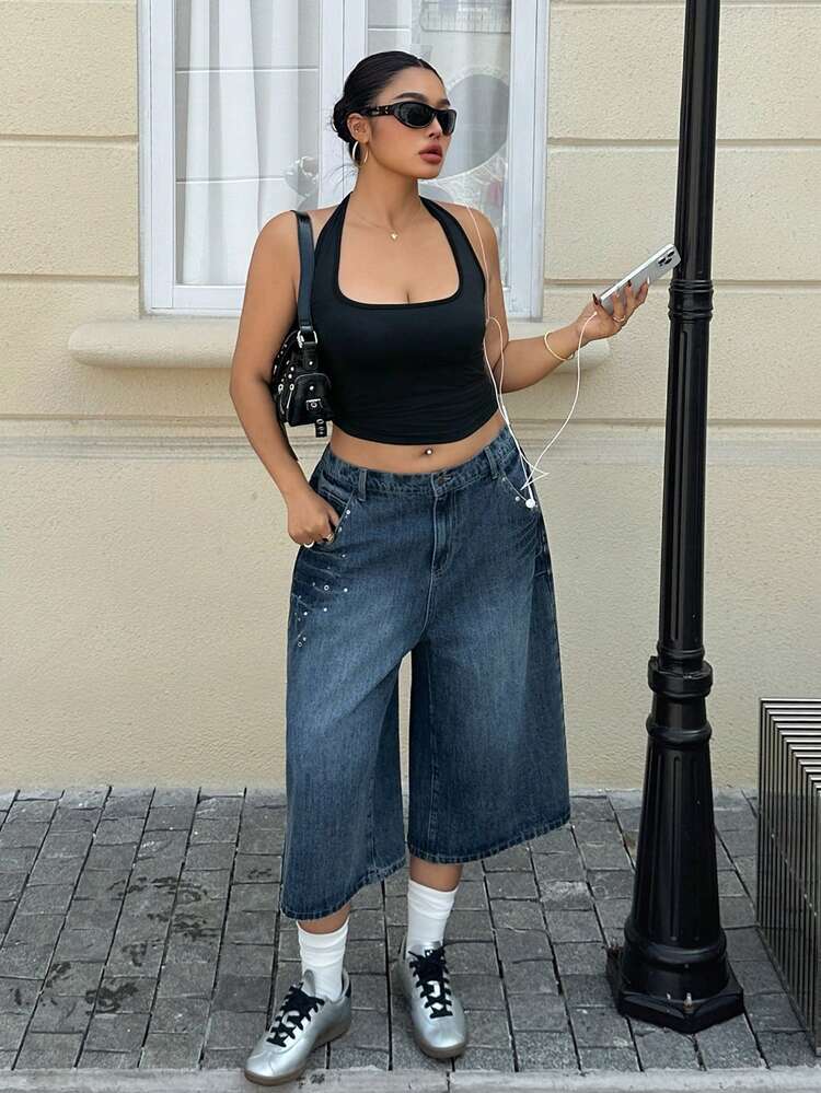 Dazy Plus Loose Korean Style Rhinestone Decor Plus Size Women's Spring/Summer Street Washed Denim Bermuda Shorts