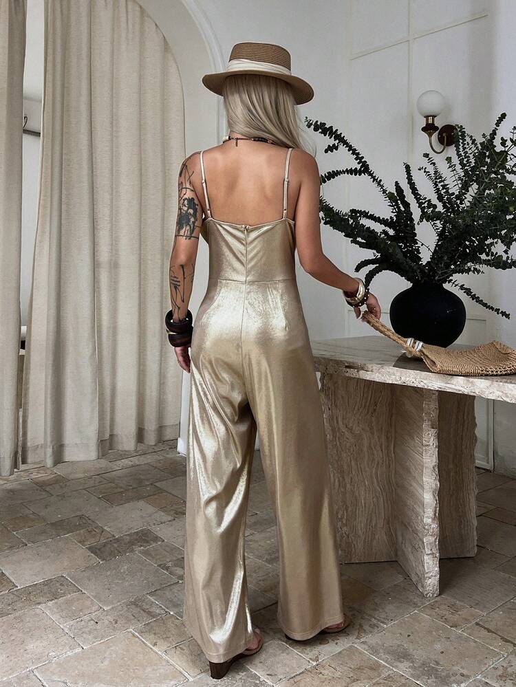Gold Spaghetti Strap Waist Cinching Jumpsuit For Women, Vacation