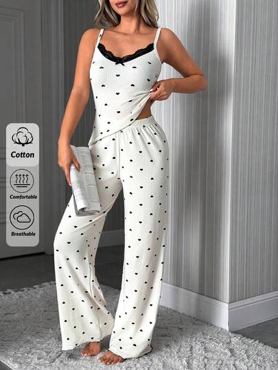 SHEIN Cotton Rib Knit White Contrast Colour Heart And Lace Detail Sleeveless Top And Long Pants Homewear Comfort Casual Women 2 Pcs Lounge Set