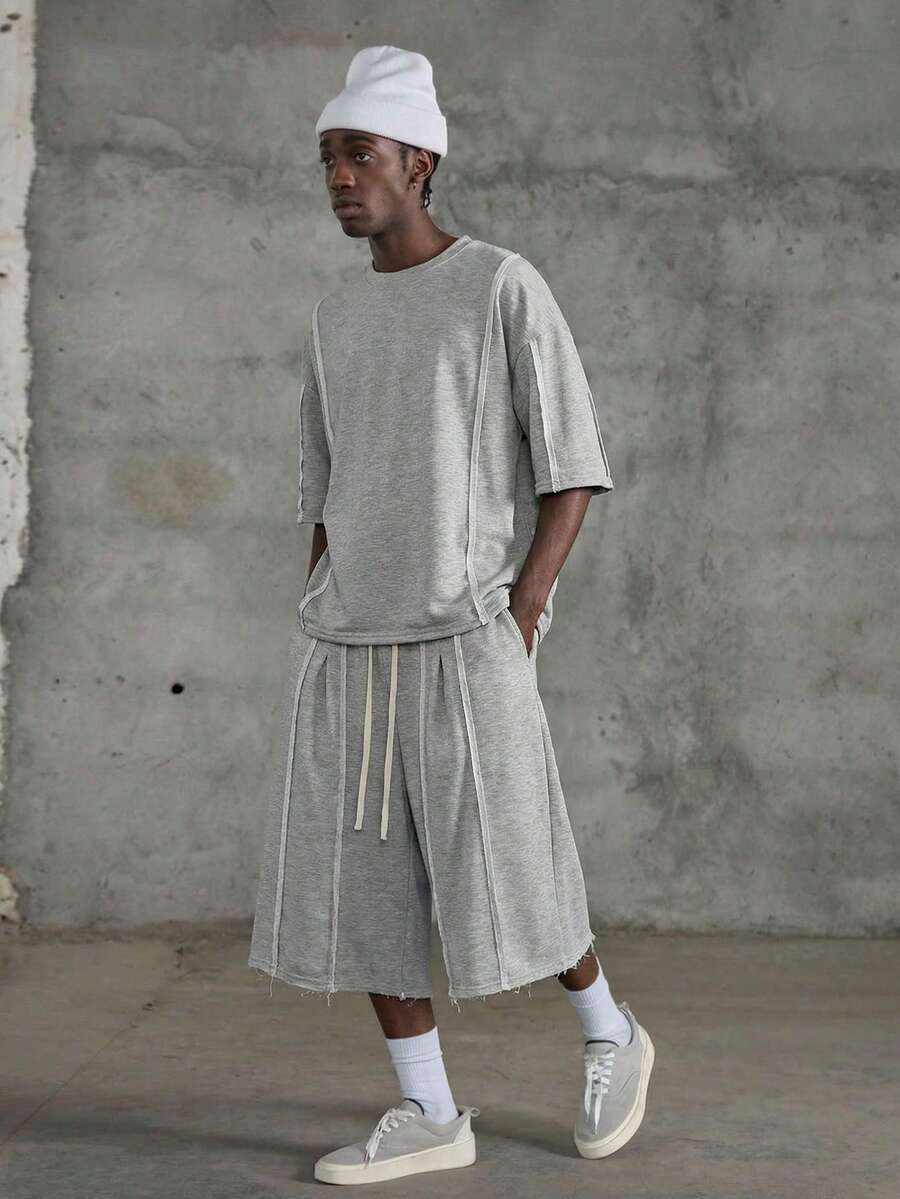 Men's Summer Casual Fashionable Street Wear Embroidery Drawstring Waist Seam Detail Frayed Hem Loose Wide Leg Shorts - Light Grey - View 1