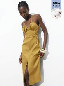 Maija New Spring/Summer Mustard Yellow Adjustable Spaghetti Strap Cinched Waist Ruched Front Slit Linen Feel Dress, Flattering Silhouette, Suitable For Vacation, Carnival, Elegant Party, Valentine's Day - Yellow - View 6