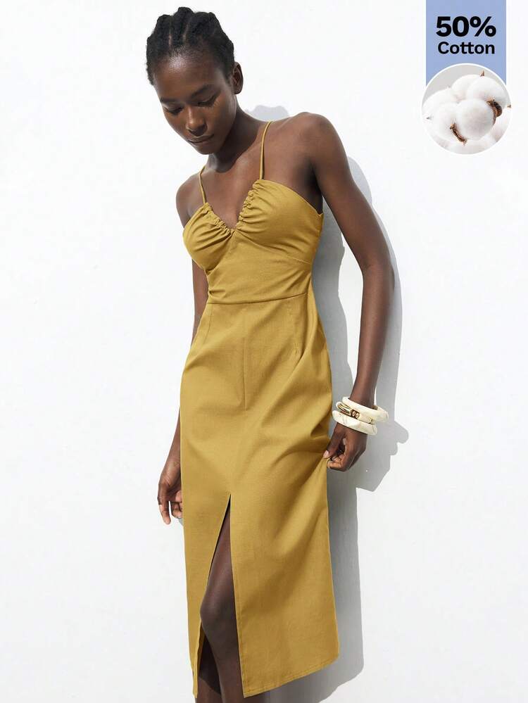 SHEIN Maija New Summmer Mustard Yellow Adjustable Spaghetti Strap Cinched Waist Ruched Front Slit Linen Feel Dress,Elegent Brunch Vacation Party Valentine's Day