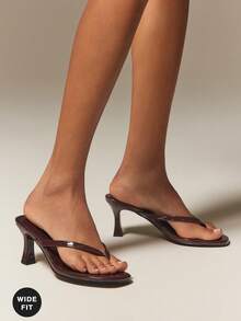 SHUZIA 女士宽楦简约时尚舒适圆头细高跟人字拖凉鞋 - 咖啡棕 - 查看 6