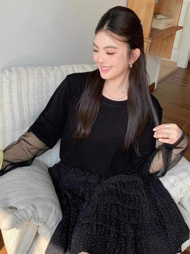 Dazy Plus Patchwork Contrast Color Mesh Sleeve Round Neck Long Sleeve Casual Loose Versatile Plus Size Women Black T-Shirt, Spring/Summer