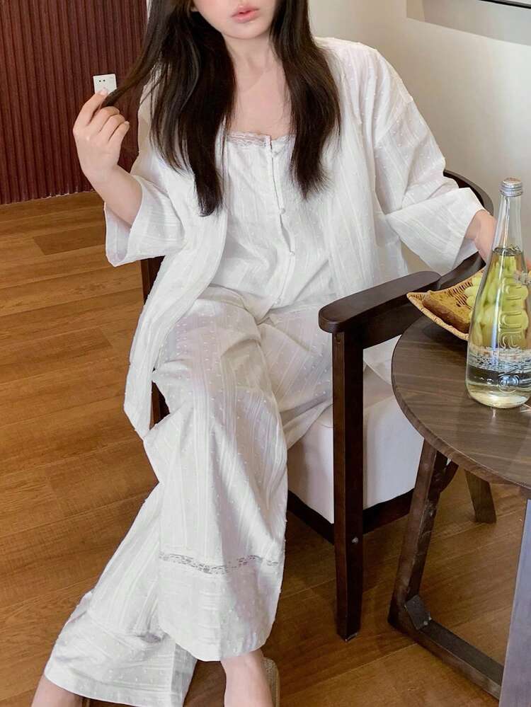 Dazy Plus 3pcs Vacation Style Plus Size Women White Polka Dot Textured Fabric Pajama Set, Spring/Summer