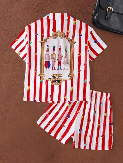 HARRY POTTER X SHEIN 女士舒适条纹前开襟短袖衬衫短裤睡衣套装，夏季