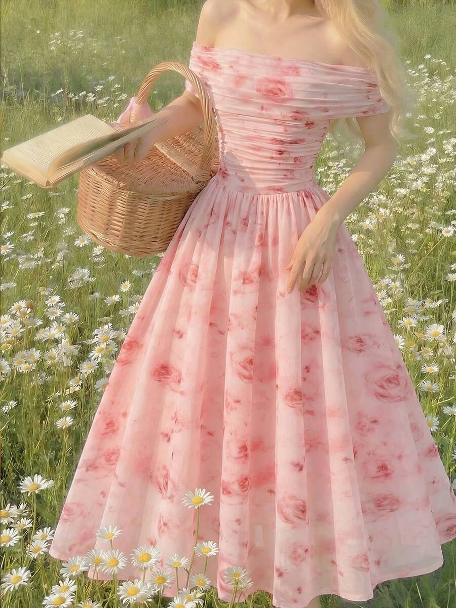 SHEIN 少女优雅印花不对称领口褶皱长裙,夏季假日 - 粉色 - 查看 1