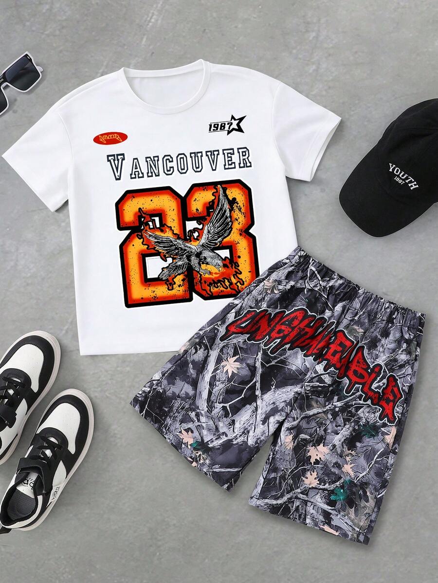 SHEIN Coolqubz 两件套青少年男童字母和老鹰印花短袖T恤和短裤休闲套装 - 白色 - 查看 1