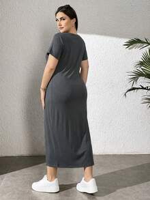 SHEIN Essnce 大码女式圆领收腰不对称下摆休闲灰色短袖连衣裙 - 深灰色 - 查看 2