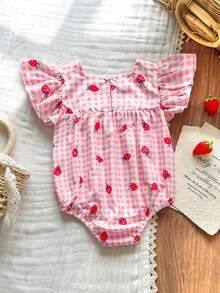 Vintaside Kids 女婴春夏清新淡粉色小格纹草莓印花短袖方领连衣裙。梭织面料，宽松舒适，俏皮可爱，尽显公主风休闲时尚。适合玩耍、度假、日常生活、居家、幼儿时期、参加派对等各种场合。 - 粉色 - 查看 2