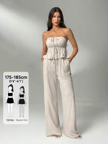 SHEIN Tall 2件套女士夏季休闲纯色吊带背心和长裤套装 - 米色 - 查看 8