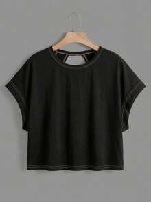 SHEIN Essnce Áo thun nữ dáng rộng không tay, cổ tròn, hở lưng, vạt áo bất đối xứng, thích hợp cho mùa hè. - màu đen - Xem 5