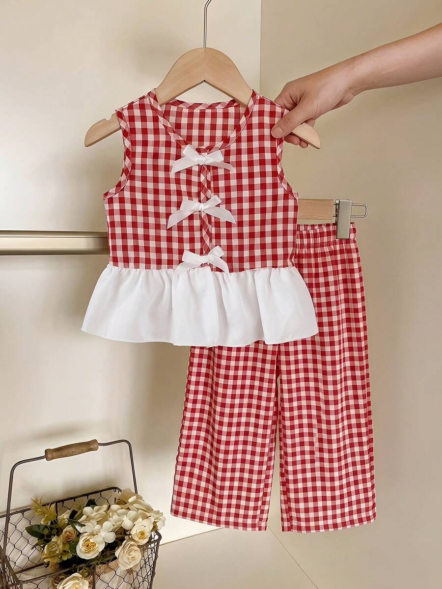 SHEIN Playful Pals 2件套女婴幼儿/新生儿0-3岁春夏休闲甜美日常度假条纹梭织无袖上衣和阔腿裤两件套 - 紅色 - 查看 1