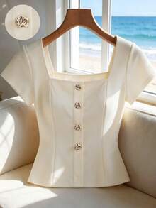 Franclia Blusa casual de manga corta, cuello cuadrado, unicolor, abotonada, para uso diario, talla grande, verano - Albaricoque - Ver 2