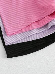 3pcs Young Girl Solid Color High Waist Knit Shorts Set, Sporty & Sweet, Spring/Summer - Multicolor - View 4