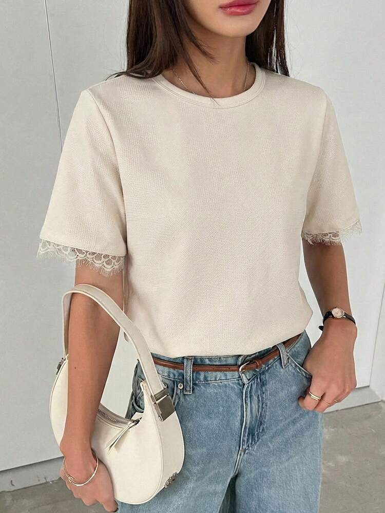 Women's Summer Round Neck Short Sleeve Lace Patchwork Casual Pullover T-Shirt