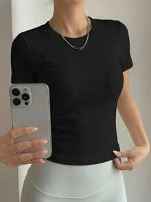 DAZY Women's Short Crop Top T-Shirt With Round Neckline - Black - View 10