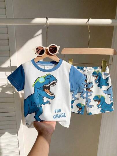 Bộ quần áo thường ngày cho bé trai sơ sinh (6 tháng - 3 tuổi), áo thun cổ tròn tay ngắn mềm mại thoải mái kết hợp với quần short in hình khủng long, thích hợp cho mùa hè, thể thao, thường ngày, phong cách tối giản, trang phục cơ bản hàng ngày, 6 tháng - 3 tuổi.