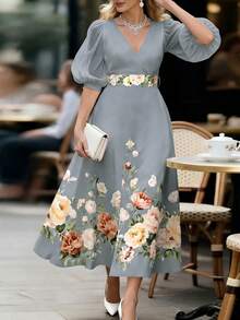 EMERY ROSE Women's V-Neck Floral Print Tie-Front Puff Sleeve Dress - Grey - View 3