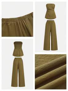 Maija Women's Summmer Casual Casual Minimalist Olive Green Bandeau Top And Pants 2 Pieces Set,Festival Outfits, Sets, Holiday Outfits Vacation - Olive Green - View 2