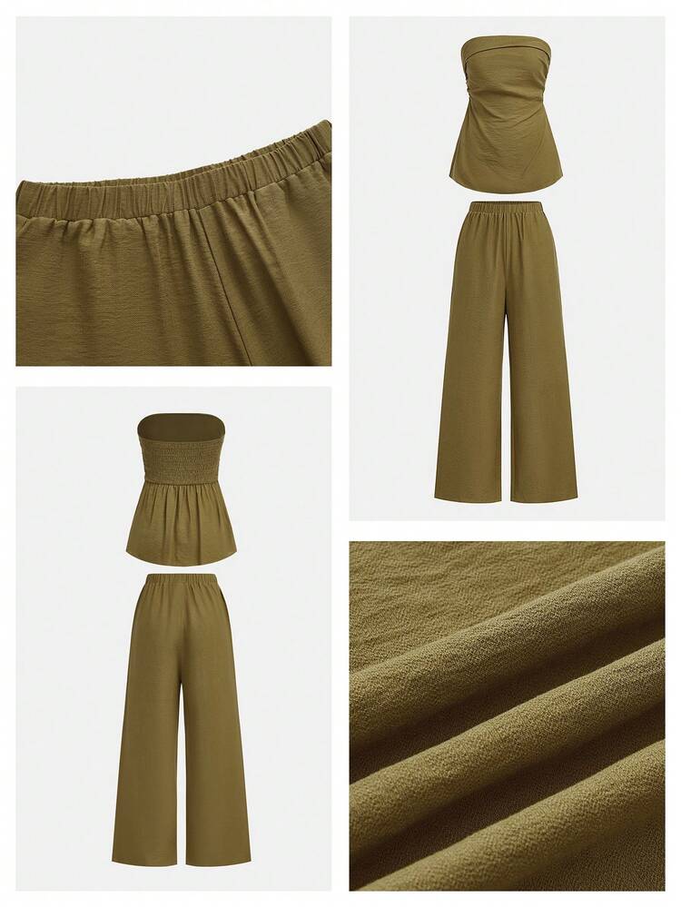 SHEIN Maija Conjunto Casual de Verão Feminino com Top Bandeau e Calça em Cor Sólida, 2 Peças
