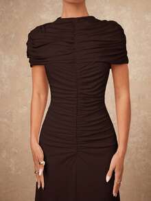 Lumalex 女士褶皱修身收腰喇叭连衣裙 - 咖啡棕 - 查看 3