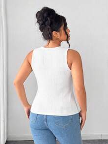 SHEIN PETITE CURVE Damen Große Größen elegante unifarbene gestrickte Crew-Neck Knopf Schlitz Passform Weste - Weiss - Übersicht 2
