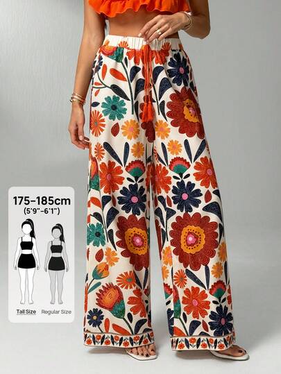SHEIN Tall 音乐节度假风女式全长花卉印花度假阔腿裤