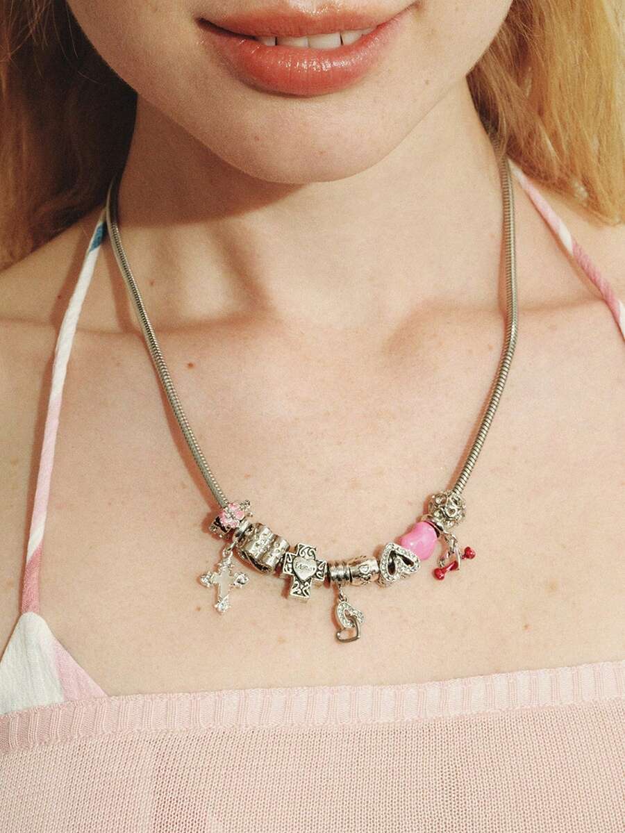 Popjeli 1pc Cherry Charm Necklace, Renaissance Teddy Bear Necklace, Cherry #8 Billiard Ball Necklace, Rhinestone Pentagram & Donut Ice Cream Pendant Necklace, Vintage Necklace - Pink - View 1