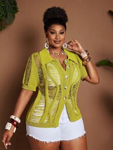 Maweii 大码女式毛衣/开衫，短袖，翻领，修身，芥末黄，纽扣，镂空外套，性感，优雅，度假，春夏，短袖针织开衫，常规款式，女士日常通勤针织外套 - 橄欖綠 - 查看 8