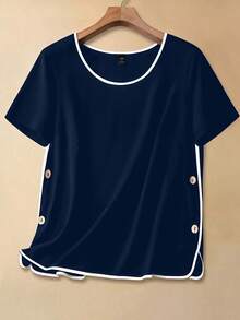 SHEIN LUNE Camisa de manga corta con botones y ribete de contraste para uso diario en tallas grandes - Azul Marino - Ver 1