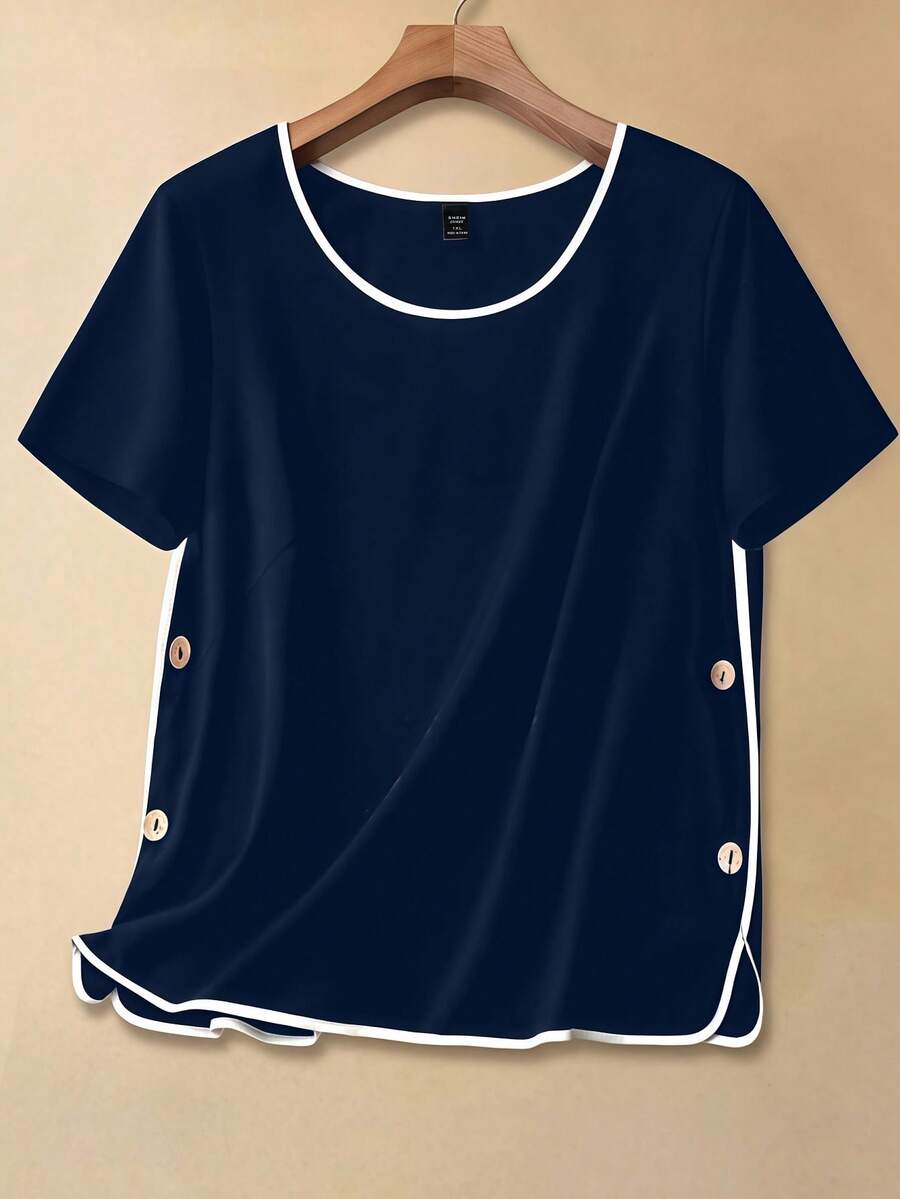 SHEIN LUNE Camisa de manga corta con botones y ribete de contraste para uso diario en tallas grandes - Azul Marino - Ver 1