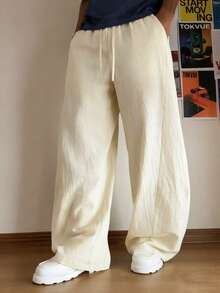 Manfinity Hypemode Men's Solid Color Drawstring Waist Pocket Wide Leg Casual Pants - Apricot - View 3