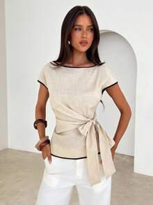 Women's Boat Neck Cap Sleeve Tie Waist Blouse Women Casual Outfits Women's Tops And Blouses Women's Summer Outfits Women's Tops For Summer Women's Cotton Tops,Summer Top Boat Neck Top Women Blouse For Women Casual Modern Elegant Top For Woman Business Casual Women Tops - Apricot - View 3