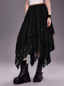 ROMWE Grunge Punk 女士时尚西部音乐节不对称下摆半身裙 - 黑色 - 查看 2