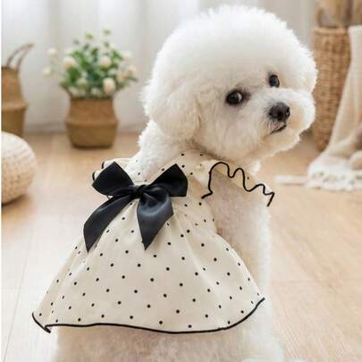 PETSIN 1 chiếc váy chấm bi kiểu Pháp cổ điển cho thú cưng, có nơ lớn và tay áo xếp nếp, kiểu công chúa dễ thương dành cho chó và mèo nhỏ và vừa, hoàn hảo cho trang phục ngoài trời.