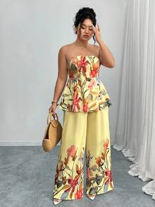 Elenzga Conjunto de 2 piezas de talla grande con top sin mangas con estampado floral elegante y pantalones rectos sueltos, para verano - Multicolor - Ver 4