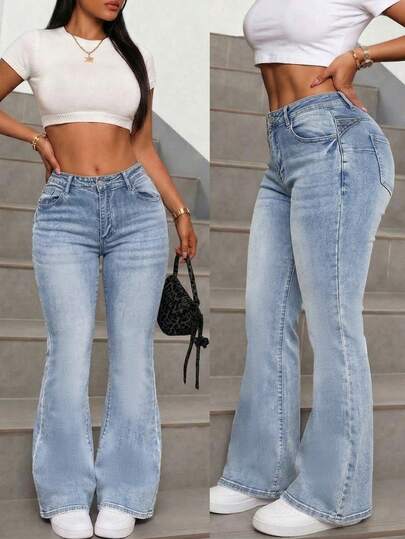 SHEIN ICON Plus Size Women Pockets Casual Flare Jeans