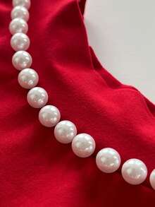 Viva Relle Plus Size Women's Pearl Rhinestone Embellished Little Red Dress,Elastic Knit Sleeveless Evening Gown,Red And White,Summer,Elegant,Party New Year Dress - Burgundy - View 7