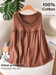 CosyJoli Áo camisole mùa hè dáng suông màu trơn dành cho nữ cỡ lớn, có bèo nhún. - màu nâu - Xem 5