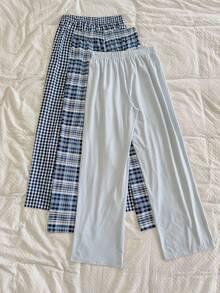 Dream Adore 3 piezas Conjunto de pijama de pantalones holgados a cuadros hipoalergénicos para uso en casa - Multicolor - Ver 2