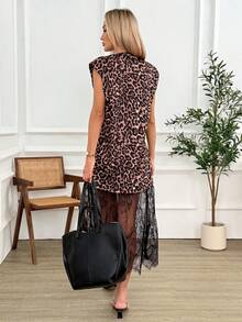 Easowa Robe ample et confortable à empiècement en dentelle imprimé léopard, sans manches. Col rond, épaules larges. Robe décontractée, élégante, pour le travail ou les vacances. Printemps/Été pour femmes - Multicolore - Voir 4