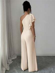 Elenzga Spring/Summer Asymmetric Ruffled Sleeveless Jumpsuit, Cinched Waist Design, Elegant Floral Decor, Chic French Style Vacation Outfit For Women - Apricot - View 2