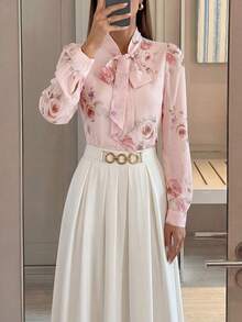 Modelyn Áo sơ mi nữ thanh lịch, in hoa, cổ buộc dây, thích hợp cho công sở. - Nhiều màu - Xem 1