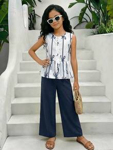 SHEIN 少女单排扣蝴蝶结图案背心衬衫和长裤两件套 - 寶藍色 - 查看 10