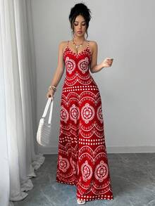 Selianne Vestido casual de vacaciones con estampado retro Perris para mujer - Rojo - Ver 7