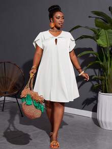 Slaydiva Vestido casual de vacaciones de línea A holgado de twill verde con tejido sin elástico y detalle de nudo para mujeres de talla grande - Blanco - Ver 3