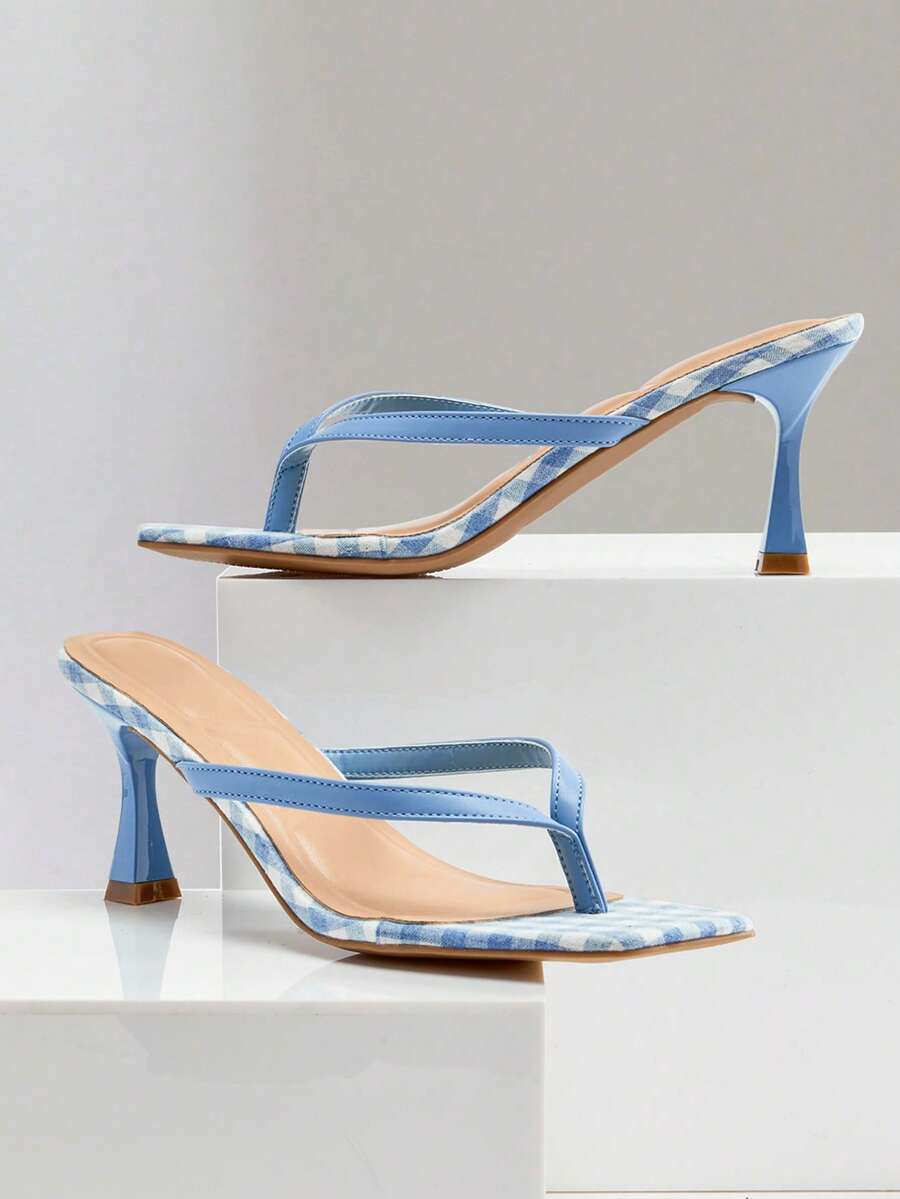 SHUZIA Women Comfortable Check Fabric Kitten Heel Square Toe Thong Heeled Sandals Summer Shoes - Blue - View 1