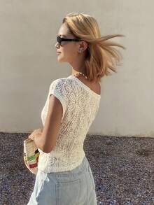 DAZY Áo thun trắng cổ lệch dáng, chất liệu vải dệt họa tiết, kiểu dáng thường ngày, dành cho nữ, thích hợp cho mùa xuân và hè. - trắng - Xem 2